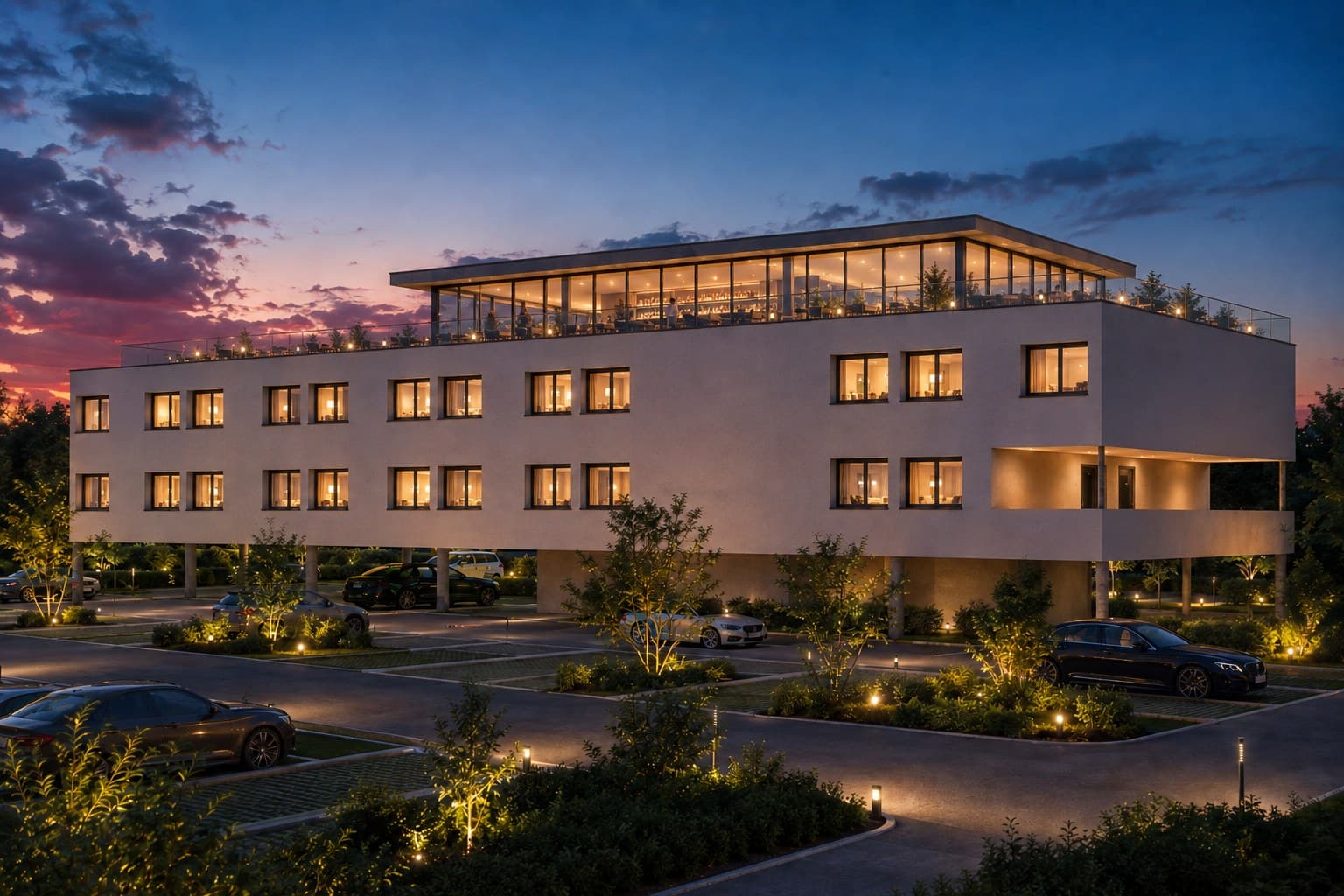 Abendaufnahme eines beleuchteten Hospitality-Gebäudes der FZP Immo AG